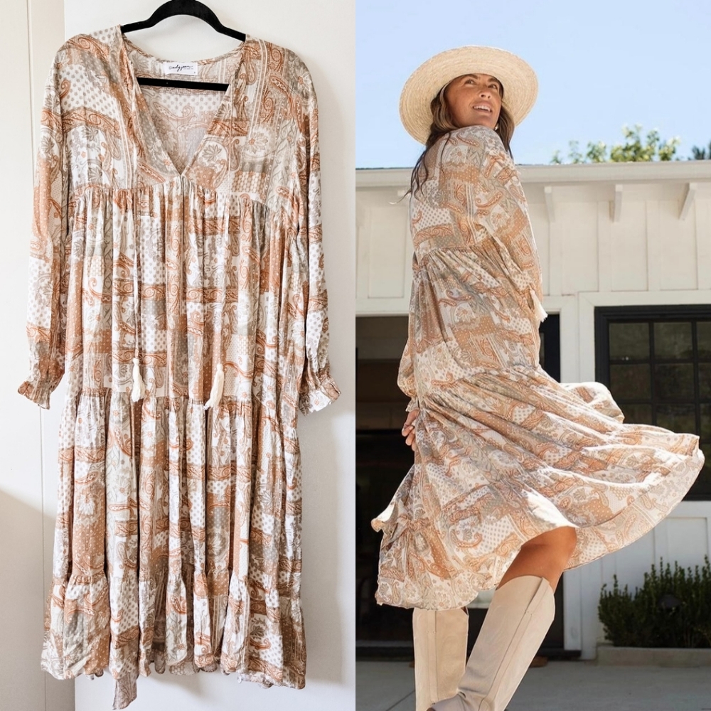 Carly Jean Los Angeles Janessa Long Tiered Maxi Dress in Taupe, Rust and Brown